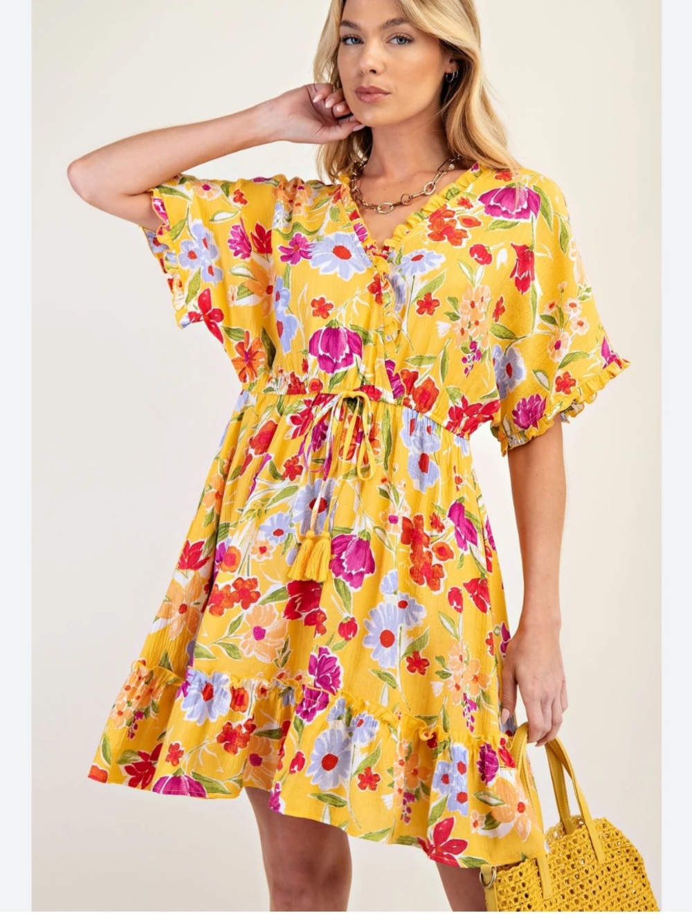 New Yellow Floral Ruffle Trim Bow Mini Dress